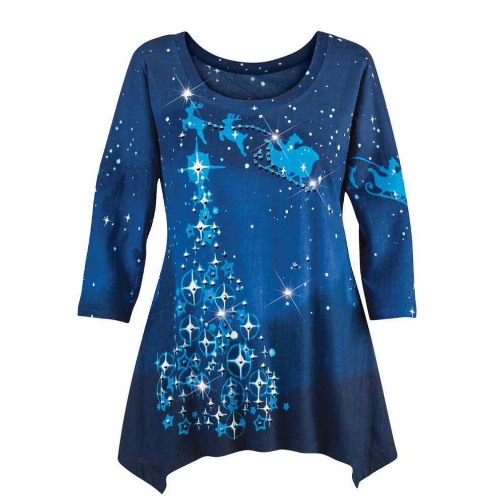 New XXL Blue Santa's Big Night Sparkling Sequin Christmas SharkBite Knit Tunic